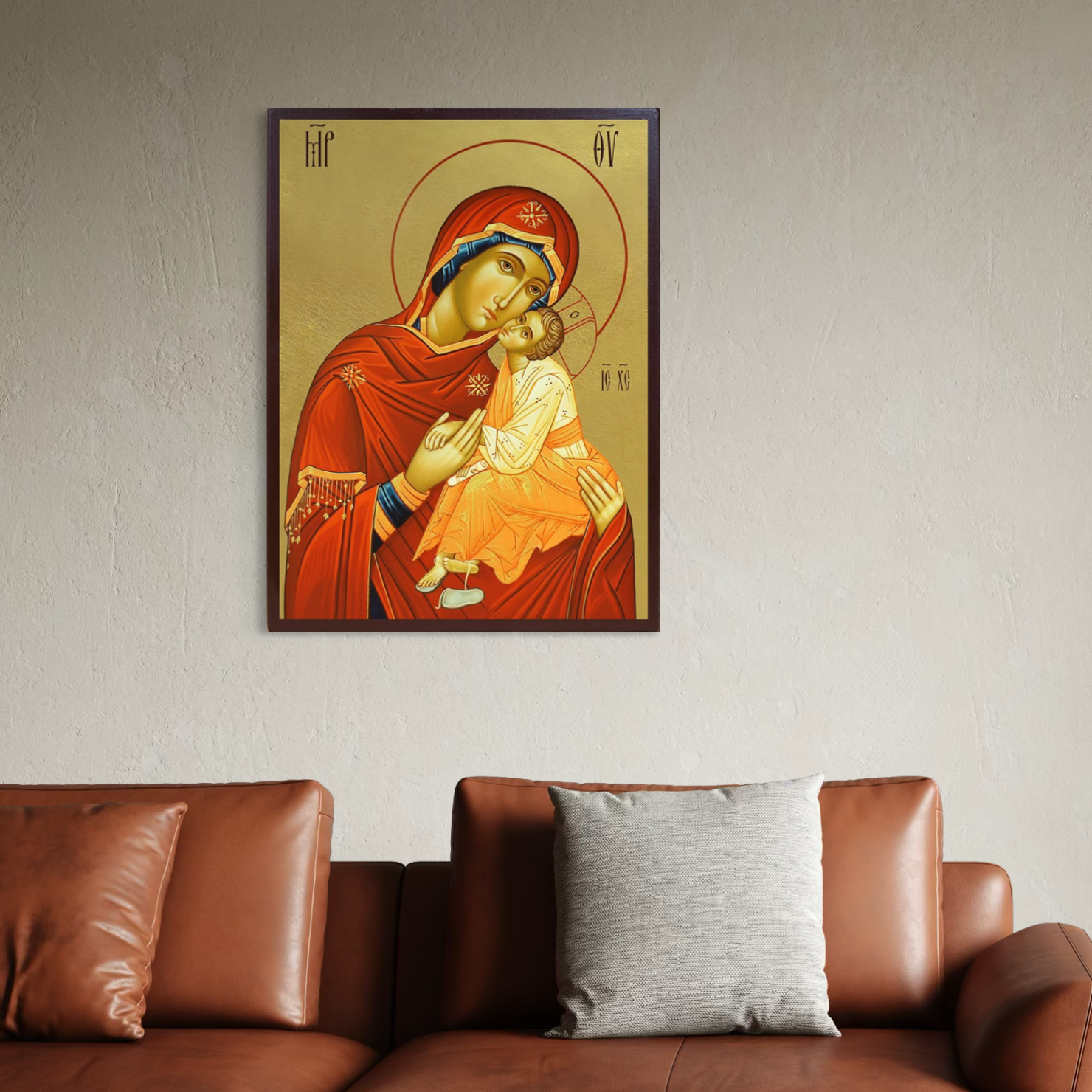 Imagine cu icoana pictata cu fecioara maria si pruncul, tiparita pe panza canvas